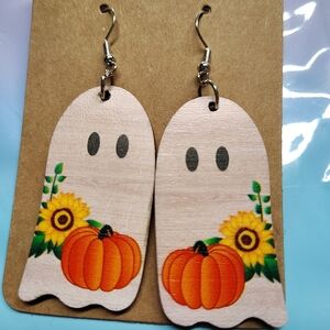 Ghost Earrings with Pumpkin and Sunflower Design